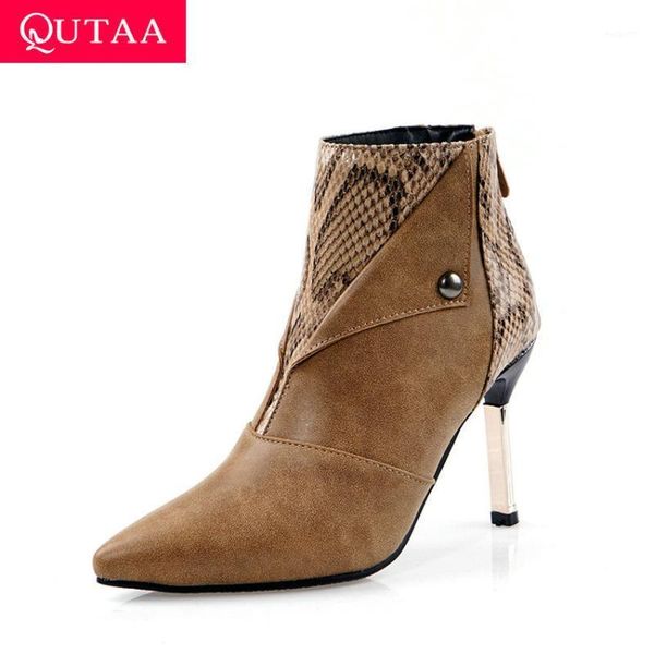

boots qutaa 2021 pu leather fashion mixed color snakeskin women shoes pointed toe thin high heel zipper ankle size 34-431, Black