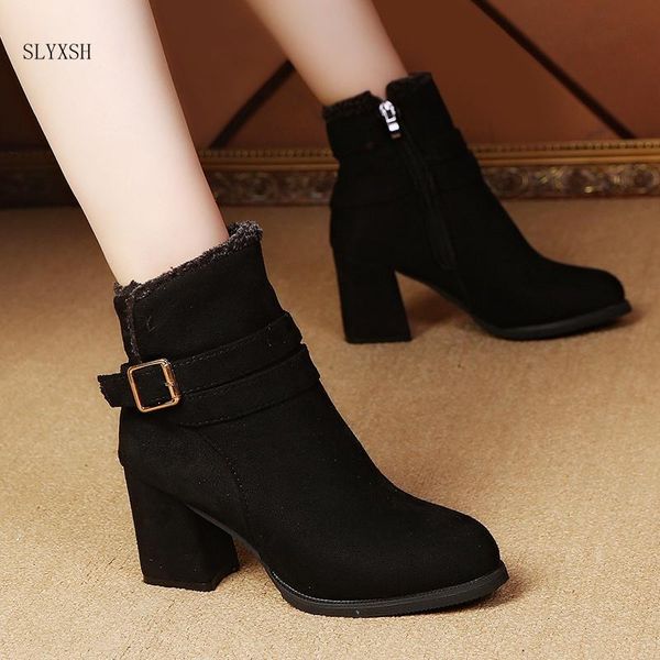 

boots slyxsh 2021 women ankle side zipper belt buckle booties party, Black