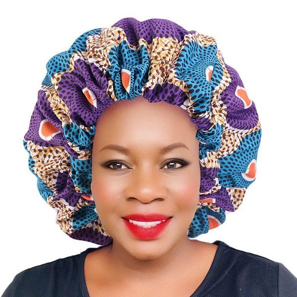 

fashion new extra large african printed bonnet fabric double sleeping cap with elastic wide brim headdress 12 colors wholesale, Blue;gray