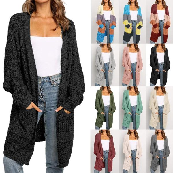 

women's knits & tees womens cardigan sweater coat boho patchwork long sleeve open front knit casual loose female sweaters jacket pocket, White