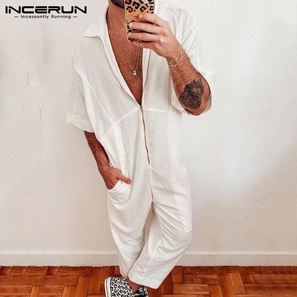 

incerun fashion men jumpsuit solid zipper shortsleeve pockets rompers joggers streetwear chic mens cargo overalls pants s-5xl, Black