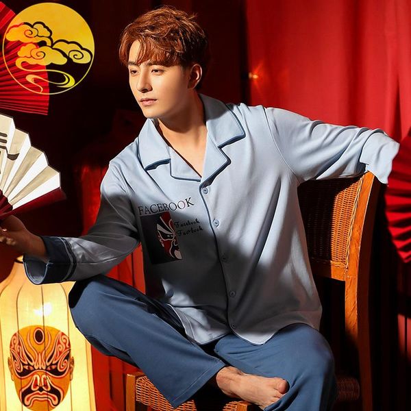 

men's sleepwear spring autumn knitted cotton long sleeved pajama sets men pyjamas sleep set male leisure china style loungewear, Black;brown