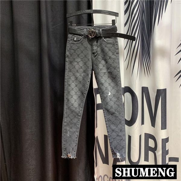 

women's jeans european slim pants women 2021 spring personality high waist hole ripped pencil tight denim trousers, Blue