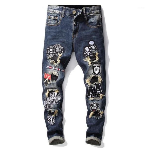 

delivery 2020 new men's patchwork skull flags patches design stretch jeans trendy embroidered tapered denim pants1, Blue