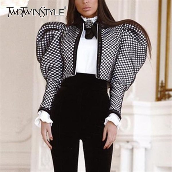 

twotwinstyle plaid jackets for women o neck puff long sleeve ruched short female coats autumn fashion clothing tide y201012, Black;brown