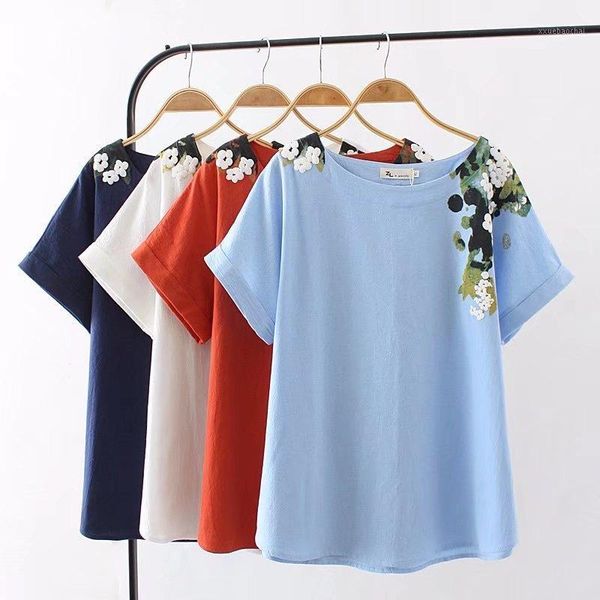 

oversized plus size cotton o-neck t shirt women sleeve tshirt floral print dark blue white sky blue t-shirt summer