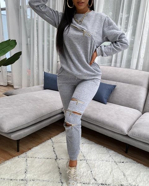 

autumn winter women joggers suit sets zipper decoration sweatshirt+sweatpant 2 pc set for women sweat suits matching sets, Gray