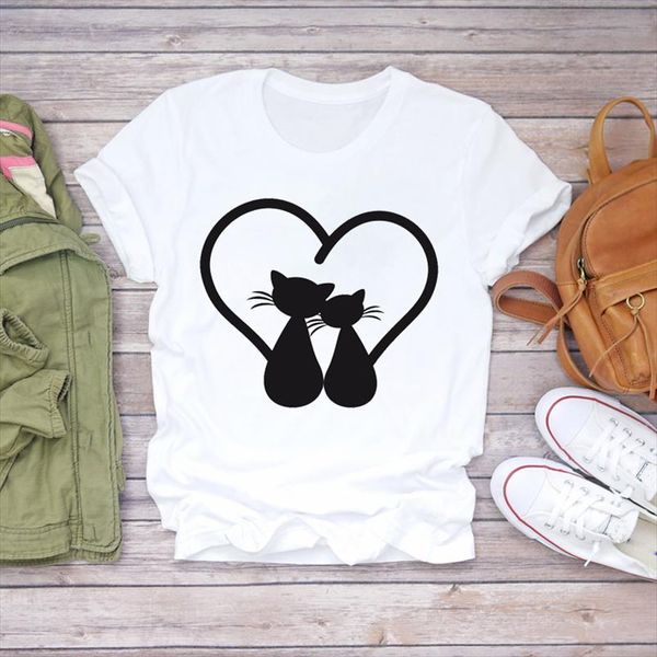 

women printing cartoon cat love geometric cute 90s ladies print lady womens graphic t t shirts shirt female tee shirt, White