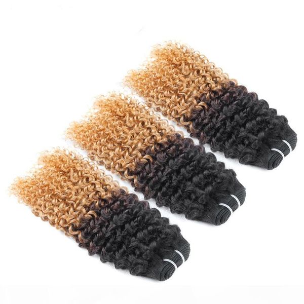 

peruvian deep curly wave 1b 4 27 honey blonde ombre human hair 3pcs three tone human hair weave brazilian human hair bundles, Black;brown