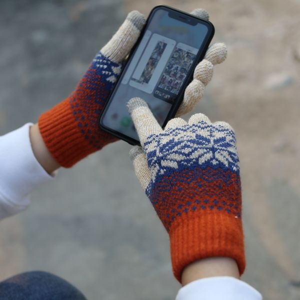 

five finger plush cold proof korean students warm cycling men and women knitting gloves touch screen lovely snowflake, Blue;gray