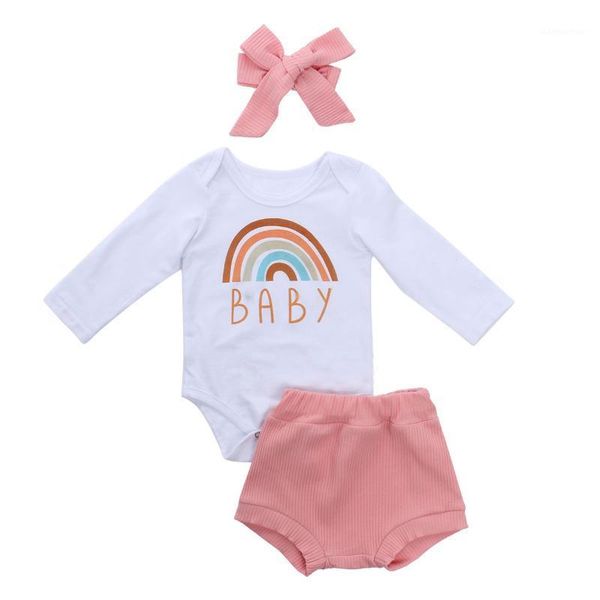 

pudcoco 3pcs newborn infant baby girl outfit rainbow print long sleeve bodysuit+triangle short triangle pants+bow hair band set1, White