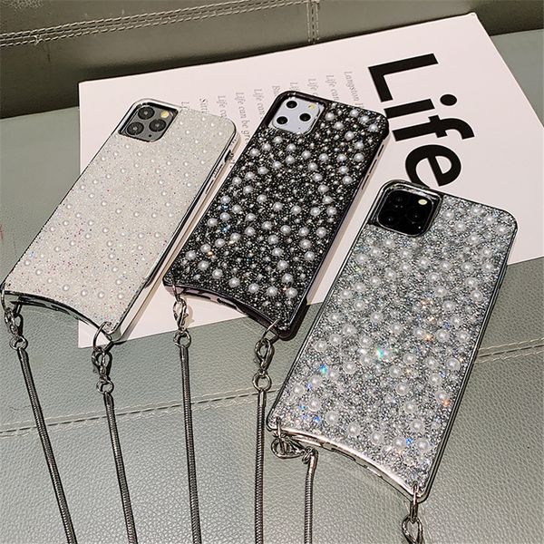 

diamond pearl glitter iphone 12 pro max phone cases coque iphone 11 pro max case xs xr x 7 8 plus back cover case metal chain lanyard