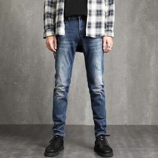 

men's jeans european and american high street retro washed blue hole mens slim fit elastic fabric casual