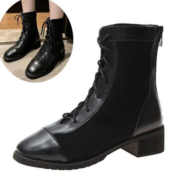 

высокий каблук узелок boots женщины квадратным каблуком mid теленок bootee женщина британский стиль сапоги женские весна осень мода обувь, Black