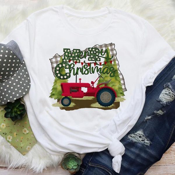 

women truck cartoon new year 90s holiday fashion merry christmas print lady female graphic tees clothes t shirt t-shirt, White