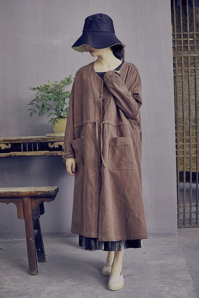 

long coat women 2020 fish island enigma big v collar cardigan loose frenulum bat sleeve flax windbreaker n140, Tan;black