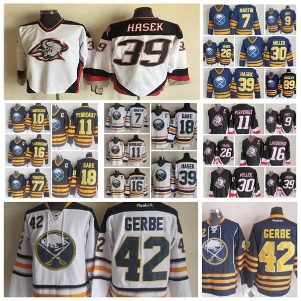 

retro buffalo sabres jersey 39 dominik hasek 89 alexander mogilny 42 gerbe 18 danny garelies mens vintage ccm stitched hockey jersey, Black;red