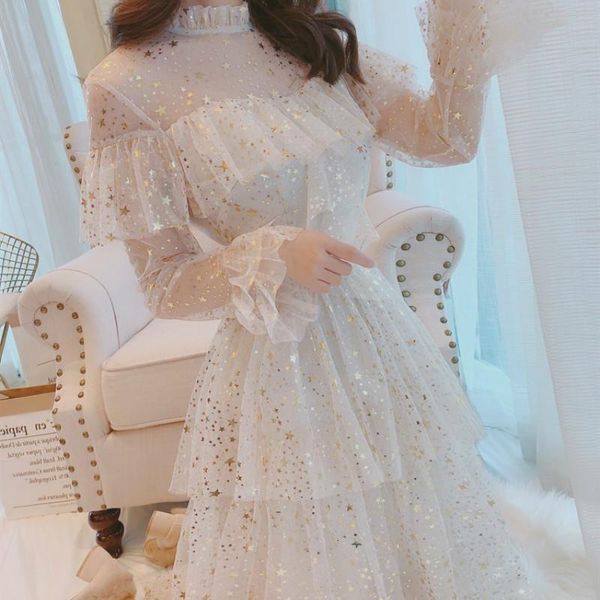 

2021 brand new stars sequins mesh dress ruffles stand collar layered cake dress sweet fairy mesh dress midi sweetheart vestidos, Black;gray