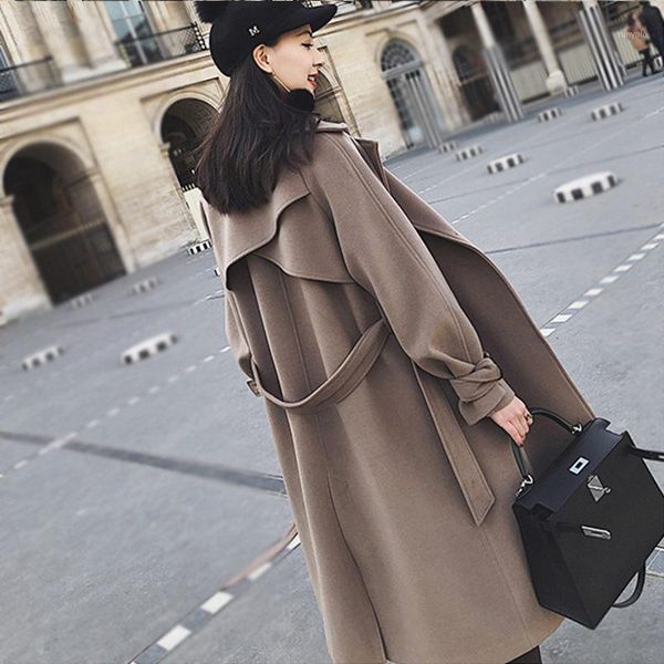 

2019 new autumn winter fashion slim double-breasted woolen coat female bandage slim long lapel solid blend jacket overcoat 15181, Black