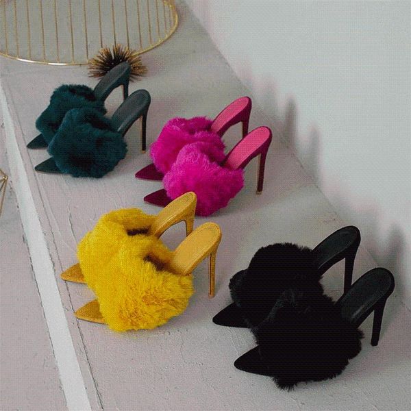 

sandals european station candy color luxury fur high heel slippers large women shoes size 35-43, Black