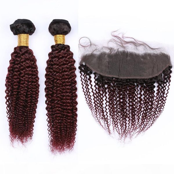 

#1b 99j burgundy ombre curly 13x4 lace frontal closure with weaves wine red ombre kinky curly indian human hair 2bundles with frontal, Black