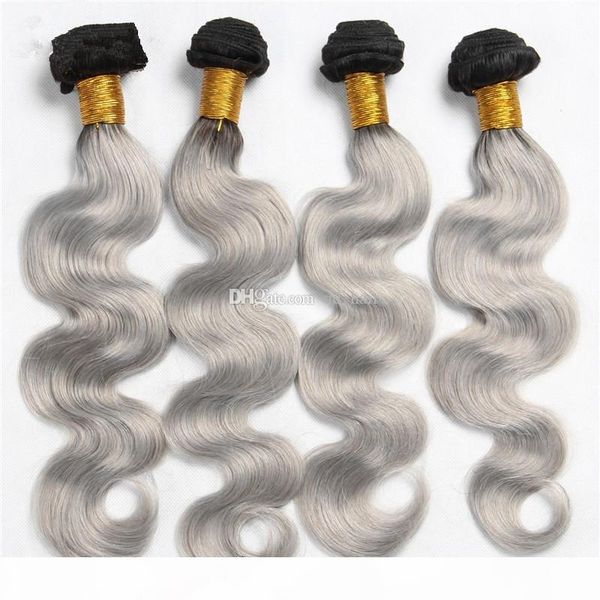 

silver grey ombre indian body wave hair extensions #1b grey two tone ombre hair bundles 4pcs lot body wave hair weave, Black