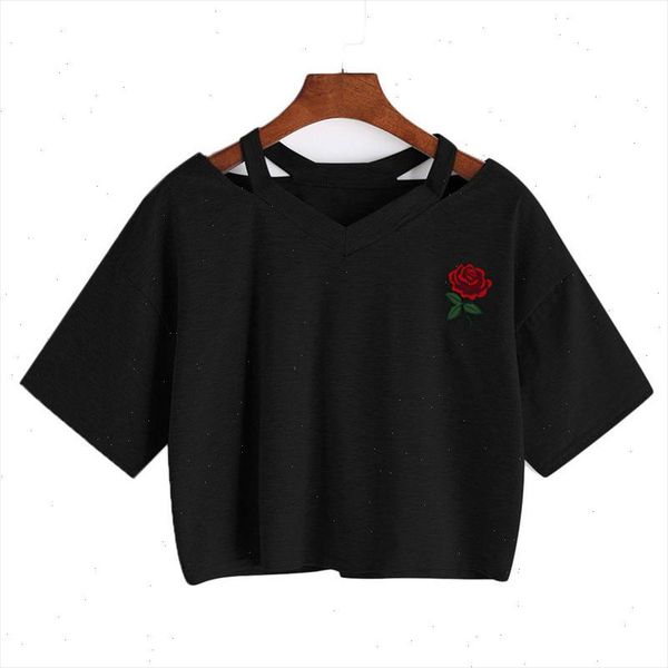 

strap v neck crop women rose print summer tees for women brand girl fashion casual t shirt camisole mujer, White
