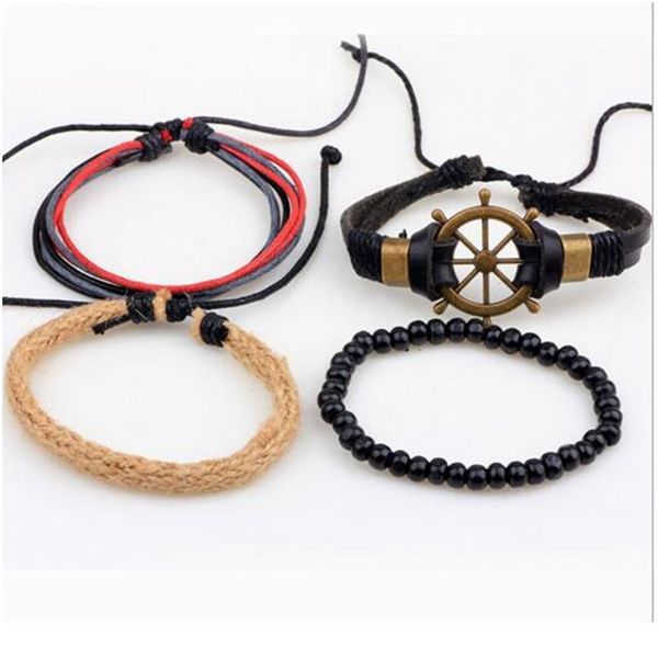 

4pcs/ set punk braided wrap leather bracelets for men women vintage wooden beads ethnic tribal wristbands men bracelet bbyrks, Golden;silver