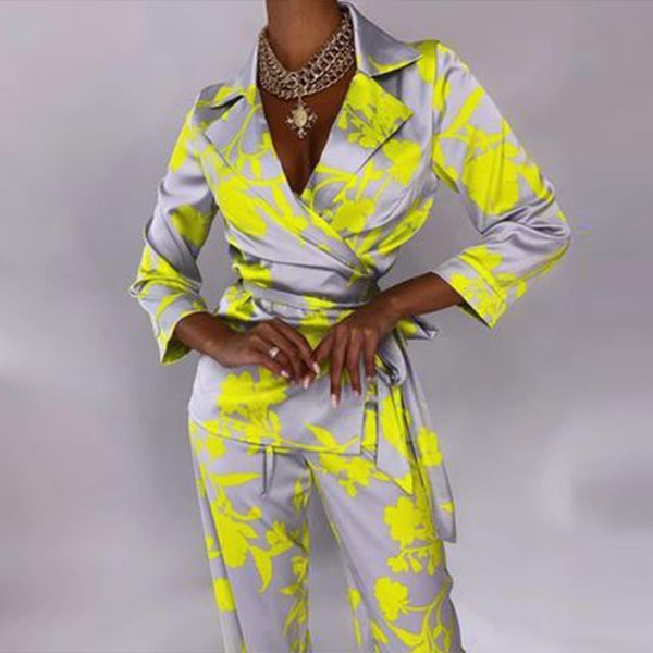 

women's autumn suit women clothes 2020 two piece set turn-down collar long sleeve + trousers suit chic printed set female, Gray