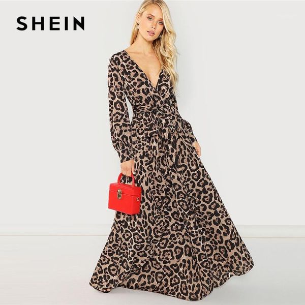 

shein multicolor party surplice neck leopard print overlap long sleeve dress 2020 autumn streetwear women maxi dresses1, Black;gray