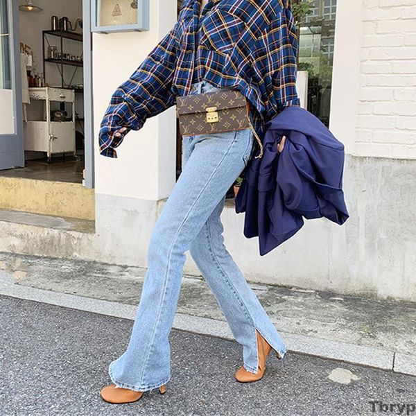 

new fall fashion women's high waist denim jeans straight leg jeans side split retro women's long capri pants1, Blue