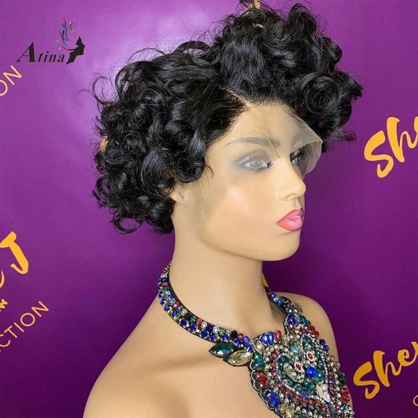 

lace wigs pre plucked 13x4 front human hair wig pixie cut bleach knots loose deep wave for black women 250 density atina, Black;brown