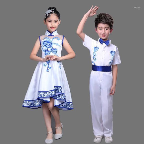 

new girls dress modern performance clothing children's pettiskirt blue and white porcelain guzheng costume suit1, Black;red