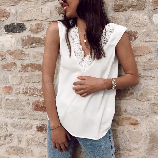 

summer women chiffon blouse sleeveless lace v-neck tanks casual backless solid color loose ladies shirt tee blusa1, White