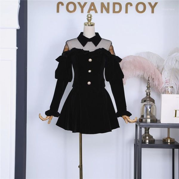 

2020 new trumpet sleeve lapel beaded mesh stitching velvet + high waist fluffy skirt two-piece suit 09221, Gray