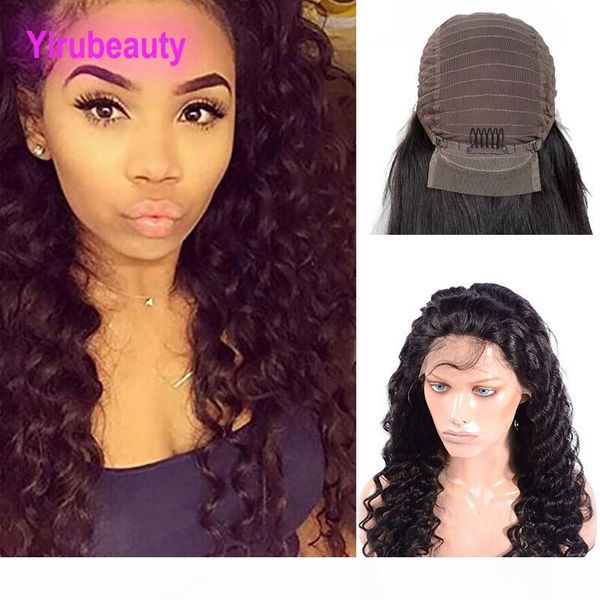 

peruvian 10a mink virgin hair natural color deep wave curly lace front wig adjustable band pre plucked virgin hair products lace front, Black;brown
