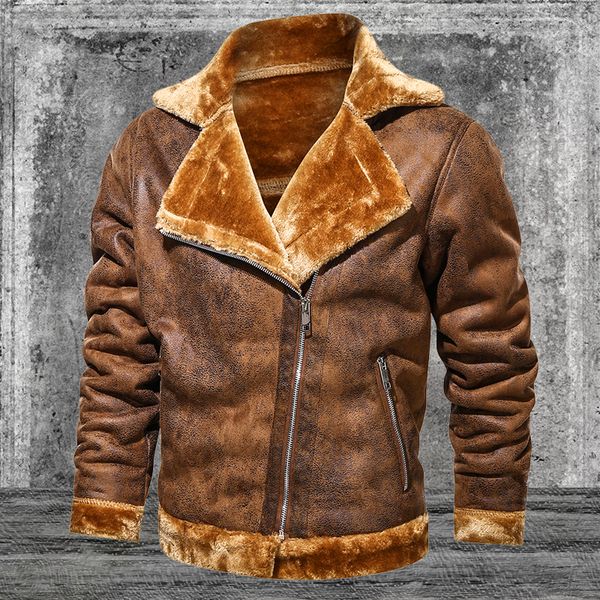 

winter suede jacket men fashion vintage fur coats new lapel mens plus velvet biker leather jacket outdoor bomber outerwear 201116, Black;brown
