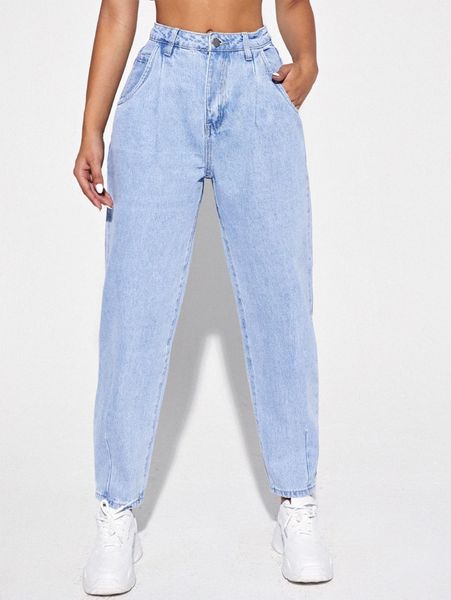 

high waisted light wash mom jeans l429#, Blue