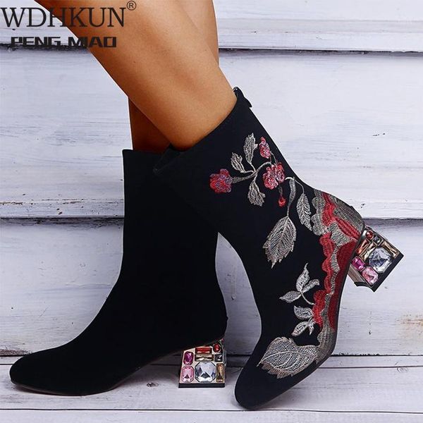 

boots women woman embroidery mild-calf autumn fashion ladies zip shoes women's plus size 35-43 female crystal high heels1, Black