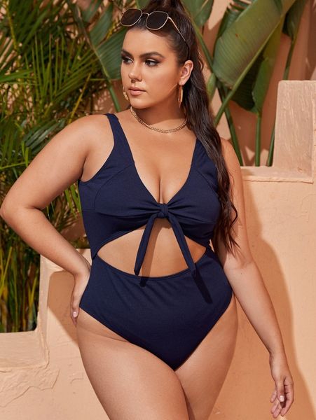 

plus cut-out knot front one piece swimsuit w2et#, Black