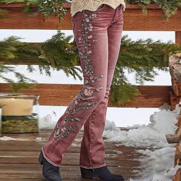 

vintage jeans women flower embroidery pants 2020 fall winter new fashion plus size straight mid waist womens jeans, Blue