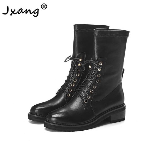 

jxang new fashion cowhide non-slip rubber sole european and american style retro lace up mid calf boots, Black