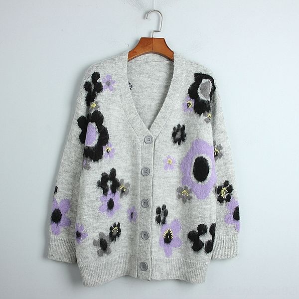 

saeep sweatersweater t-shirt and winter new sweater mohair t-shirt casual v-neck long sleeve autumn gray purple flower loose cardigan female, White;black