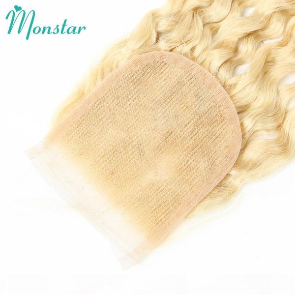 

monstar 613 blonde brazilian deep wave pre plucked remy human hair honey blonde lace closure middle part, Black;brown