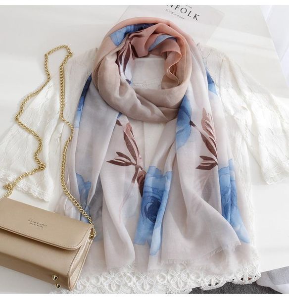 

scarves 2021 cotton rose print frayed shawls wrap women soft flower scarf hijab beach headband 3 color, Blue;gray