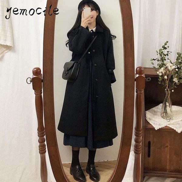 

sweet y2k woolen blend coat for women solid color single breasted turn-down collar female outwear winter preppy style woman, Black