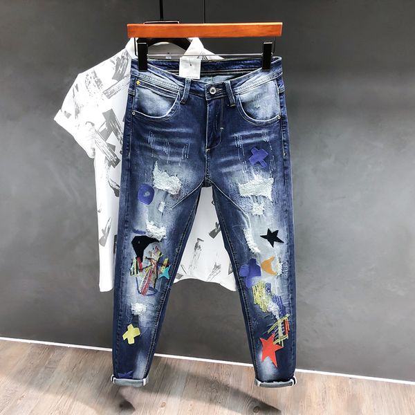 

2021 new newly designer fashion patches embroidery slim fit ripped men elastic punk pencil pants streetwear hip hop jeans 9qjg, Blue