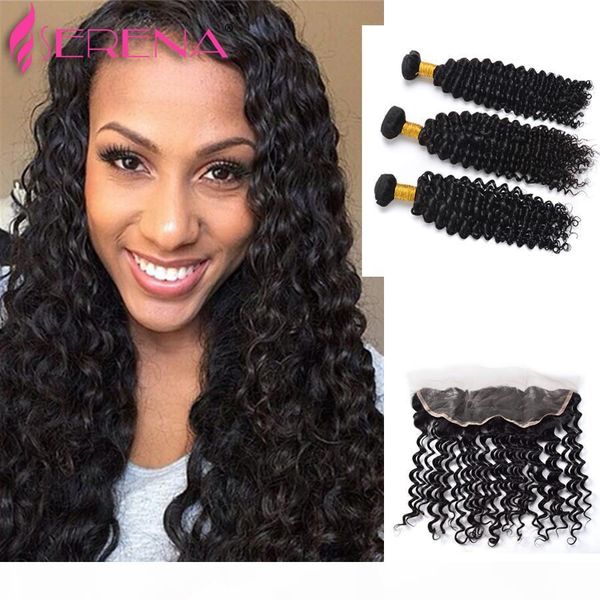 

tissage lisse avec closure pas cher 8a lace frontal with bundle deep wave curly brazilian virgin hair with frontal closure, Black;brown