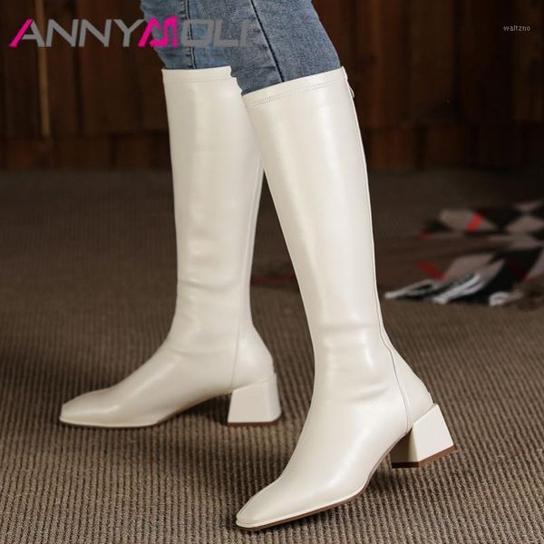 

annymoli real leather high heel boots women square toe slim long boots shoes zipper chunky heels knee high autumn winter1, Black