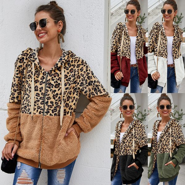

leopard patchwork women teddy coat autumn hooded fluffy plush winter faux fur jacket coat women plus size overcoat, Black